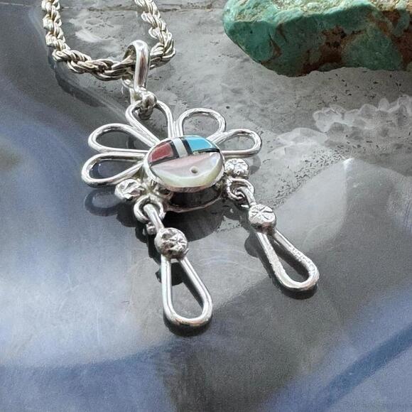 Ola Eriacho Zuni Sterling Silver Multistone Inlay Sunburst Pendant For Women - Picture 3 of 10